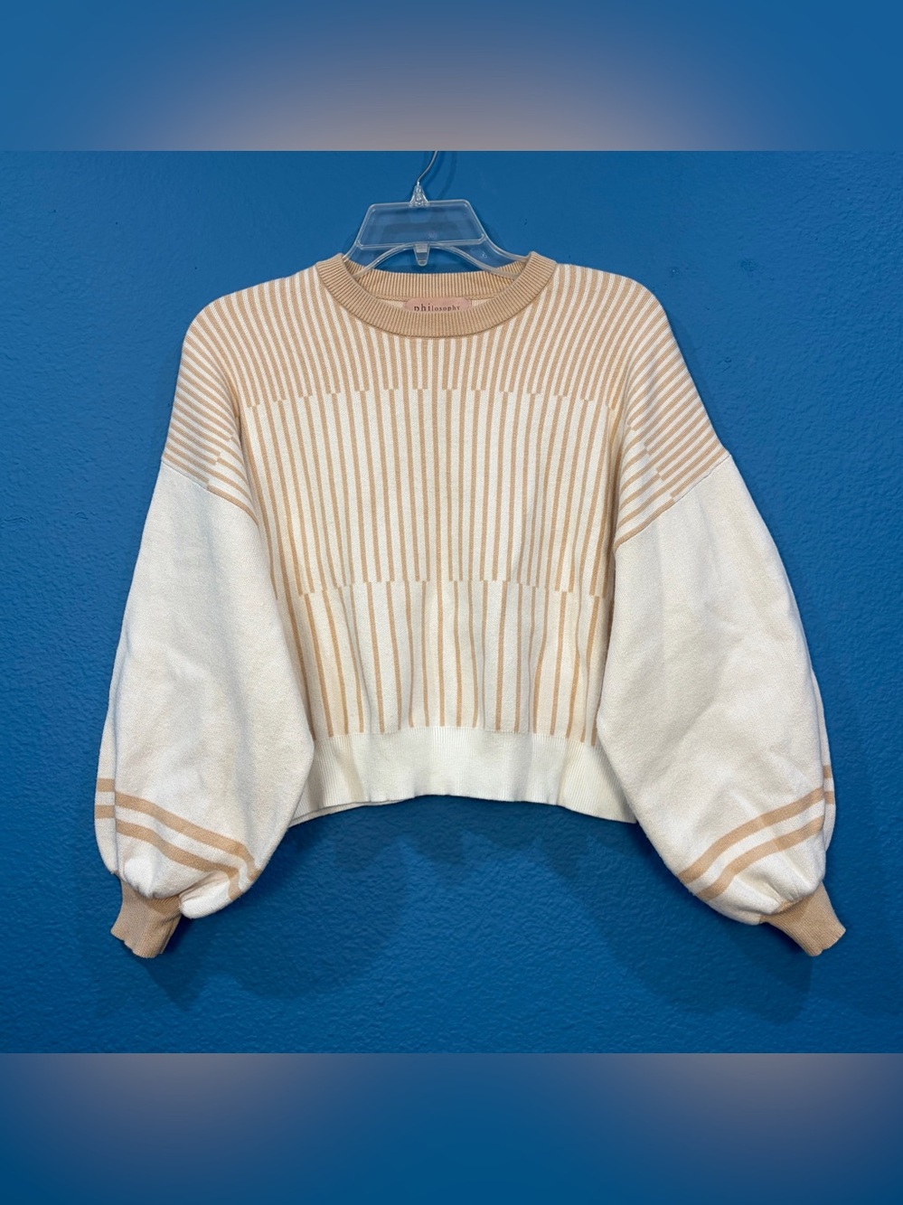Philosophy Republic Clothing Tan White Striped Oversized Cropped Sweater Sz XS
